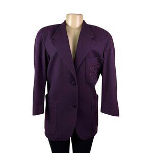 Linda Allard For Ellen Tracy Womens Purple Wool  Blazer Embroidered Pocket Sz 8